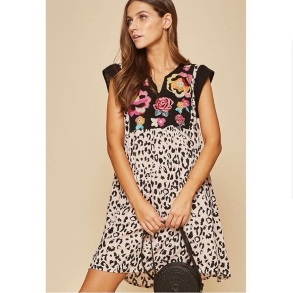 Savanna Jane Womens Embroidered Floral & Leopard Print Sleeveless Dress S - Picture 1 of 4